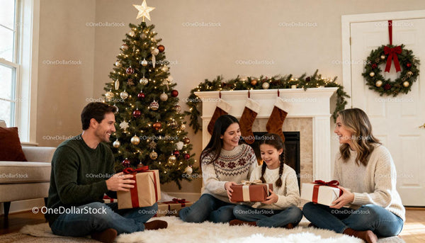 Family exchanging gifts by decorated Christmas tree