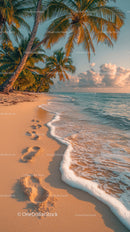 Sunset Over Tropical Beach with Palm Trees and Clear Ocean Water