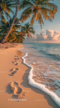 Sunset Over Tropical Beach with Palm Trees and Clear Ocean Water