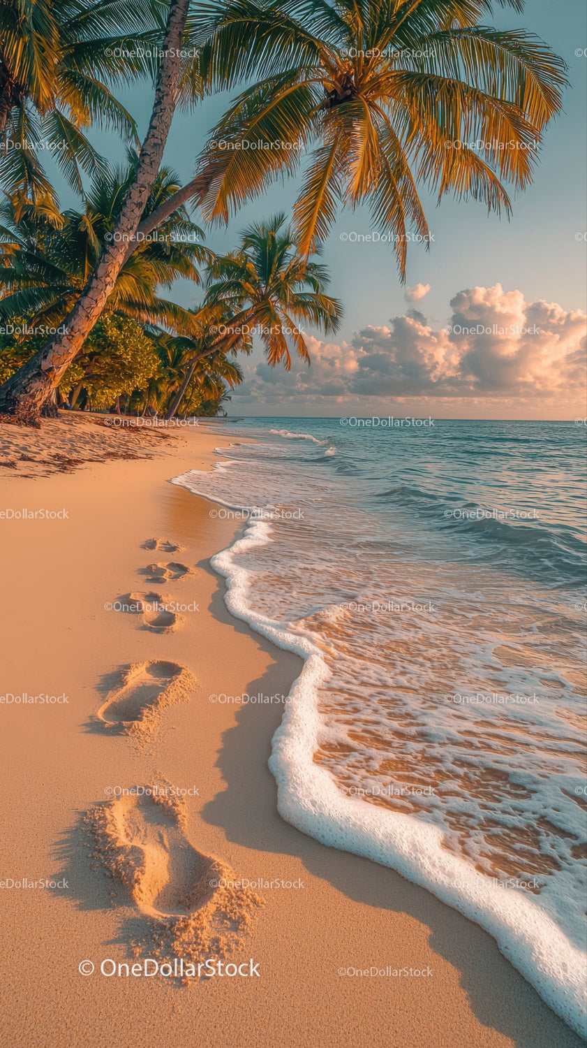 Sunset Over Tropical Beach with Palm Trees and Clear Ocean Water