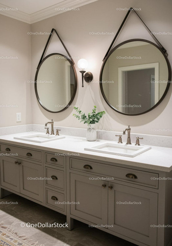 Modern Double Bathroom Vanity with Round Mirrors and Wall Light