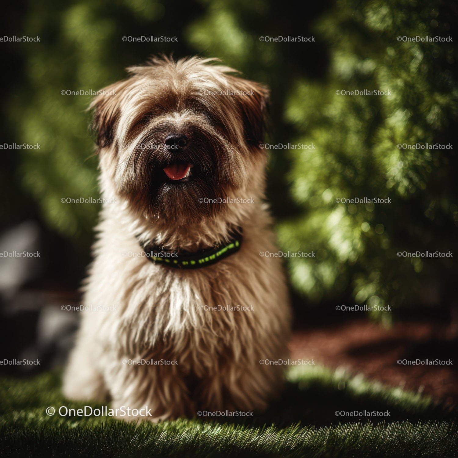 Fluffy Dog Sitting Outdoors with Green Foliage Background