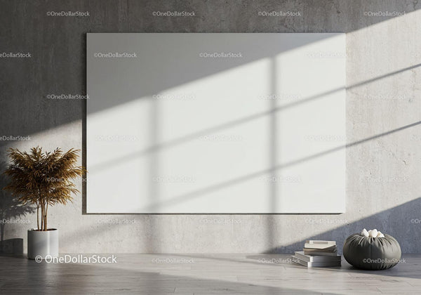Minimalist living room with blank canvas and sunlight JPG Mockup Image