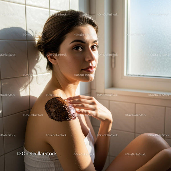 Young Woman Applying Coffee Scrub on Shoulder at Home