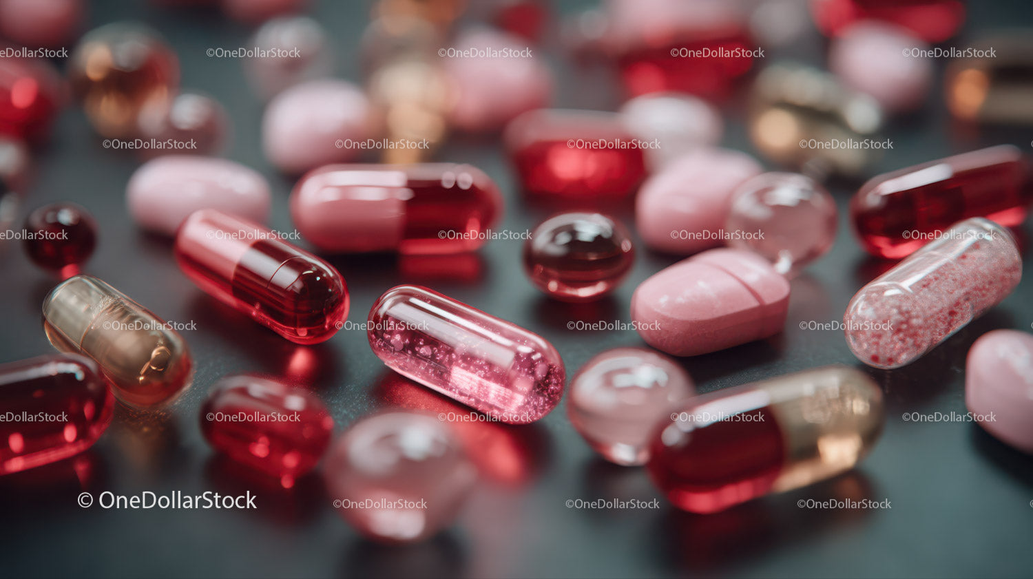 Assorted Capsule and Tablet Pills in Pink and Red Colors for Medical and Healthcare Use