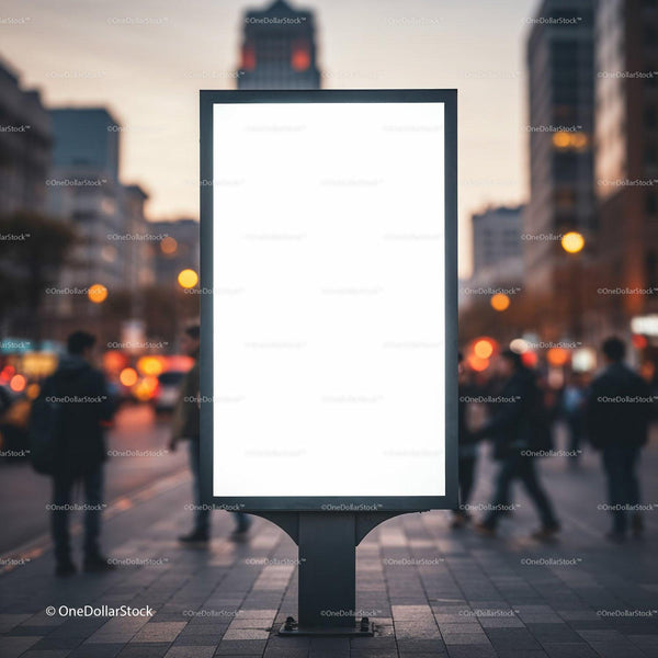 Empty urban billboard glowing at dusk in city street JPG Mockup Image