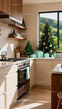 Modern kitchen decorated with Christmas trees and gifts