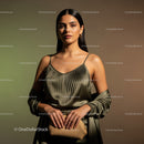 Elegant Female Model in Satin Top with Accessories Studio Portrait