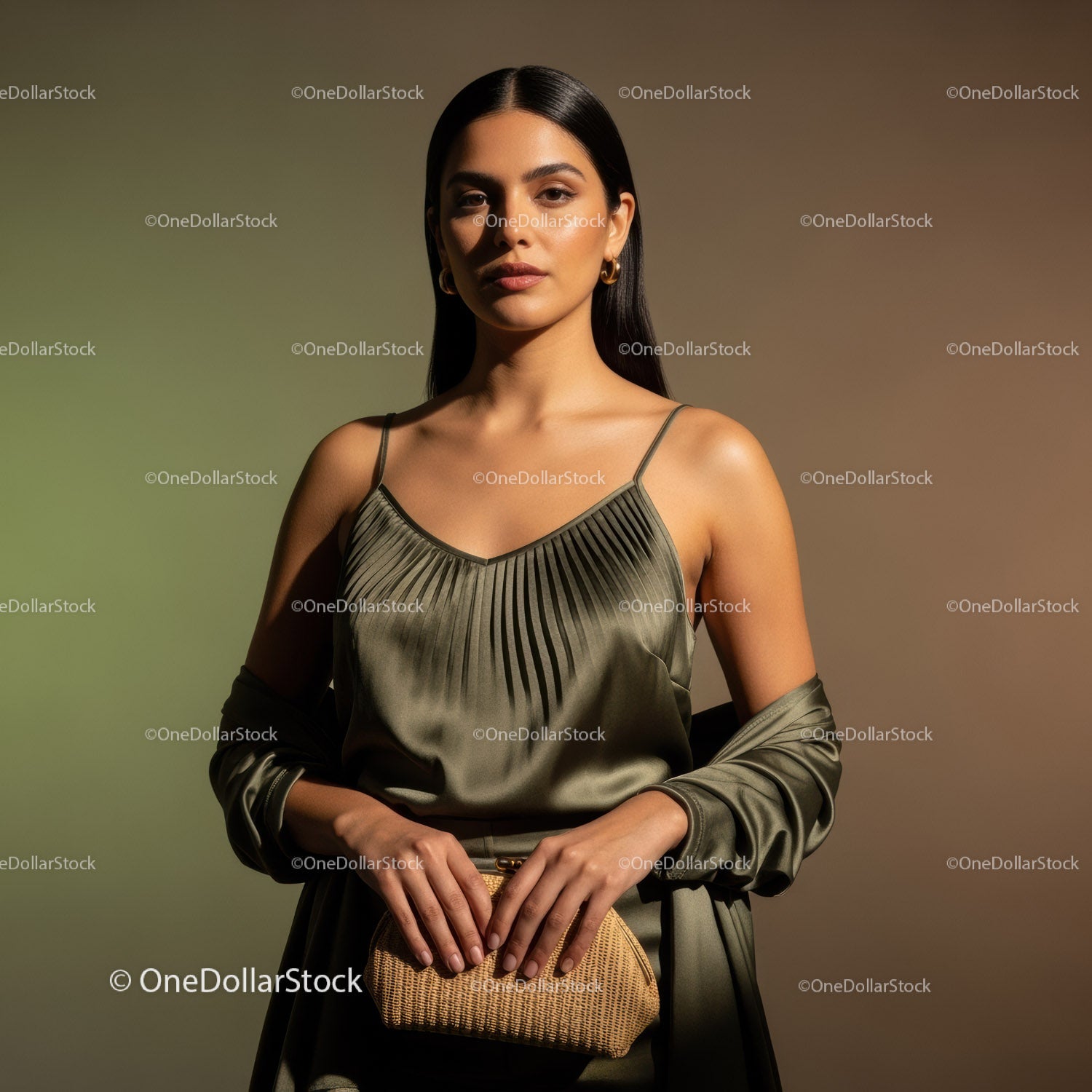 Elegant Female Model in Satin Top with Accessories Studio Portrait