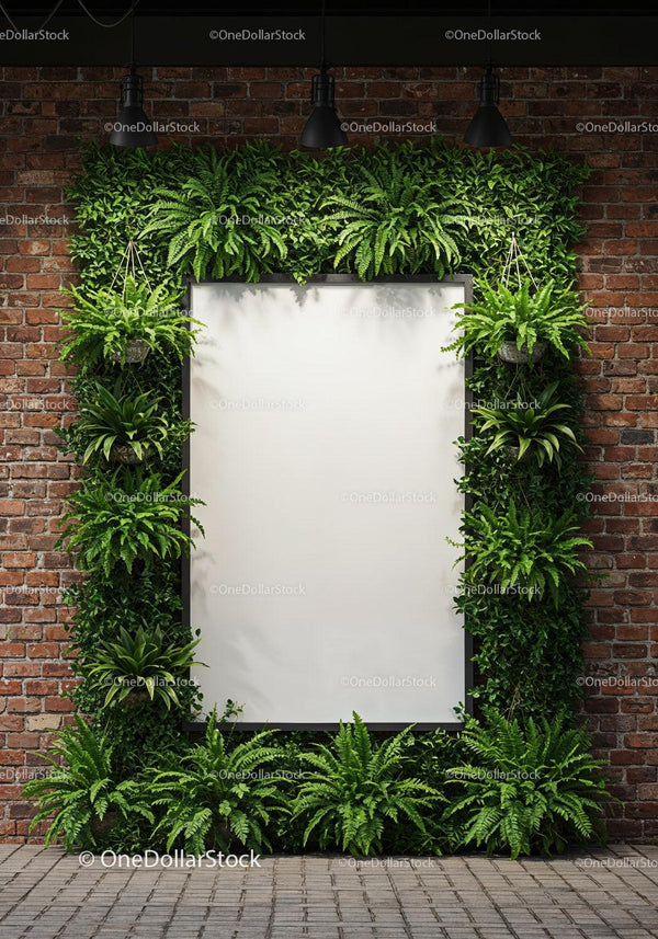 Greenery-framed blank canvas on urban brick wall JPG Mockup Image