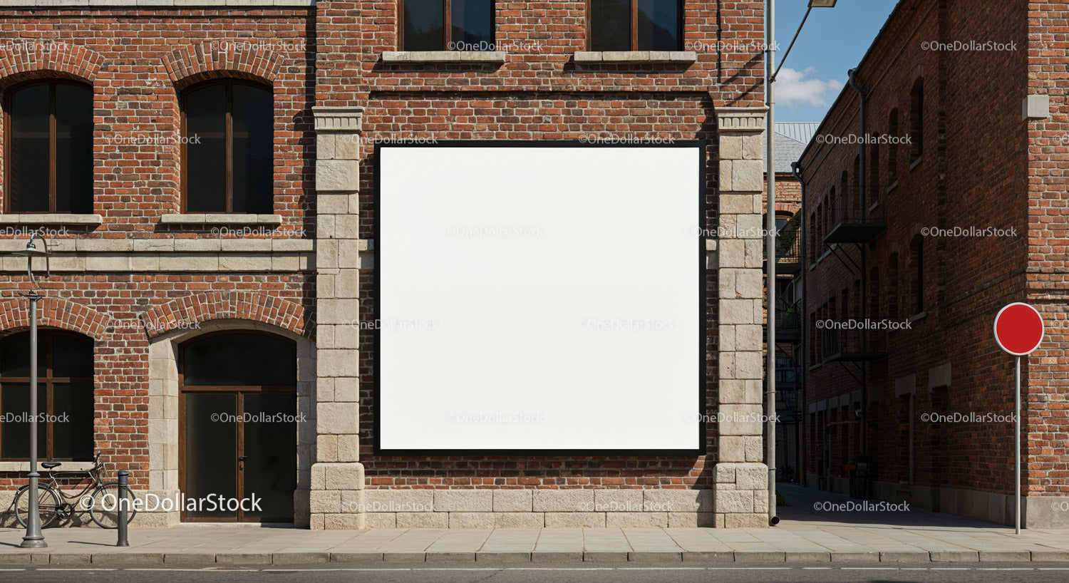 Blank White Billboard on Classic Red Brick Building