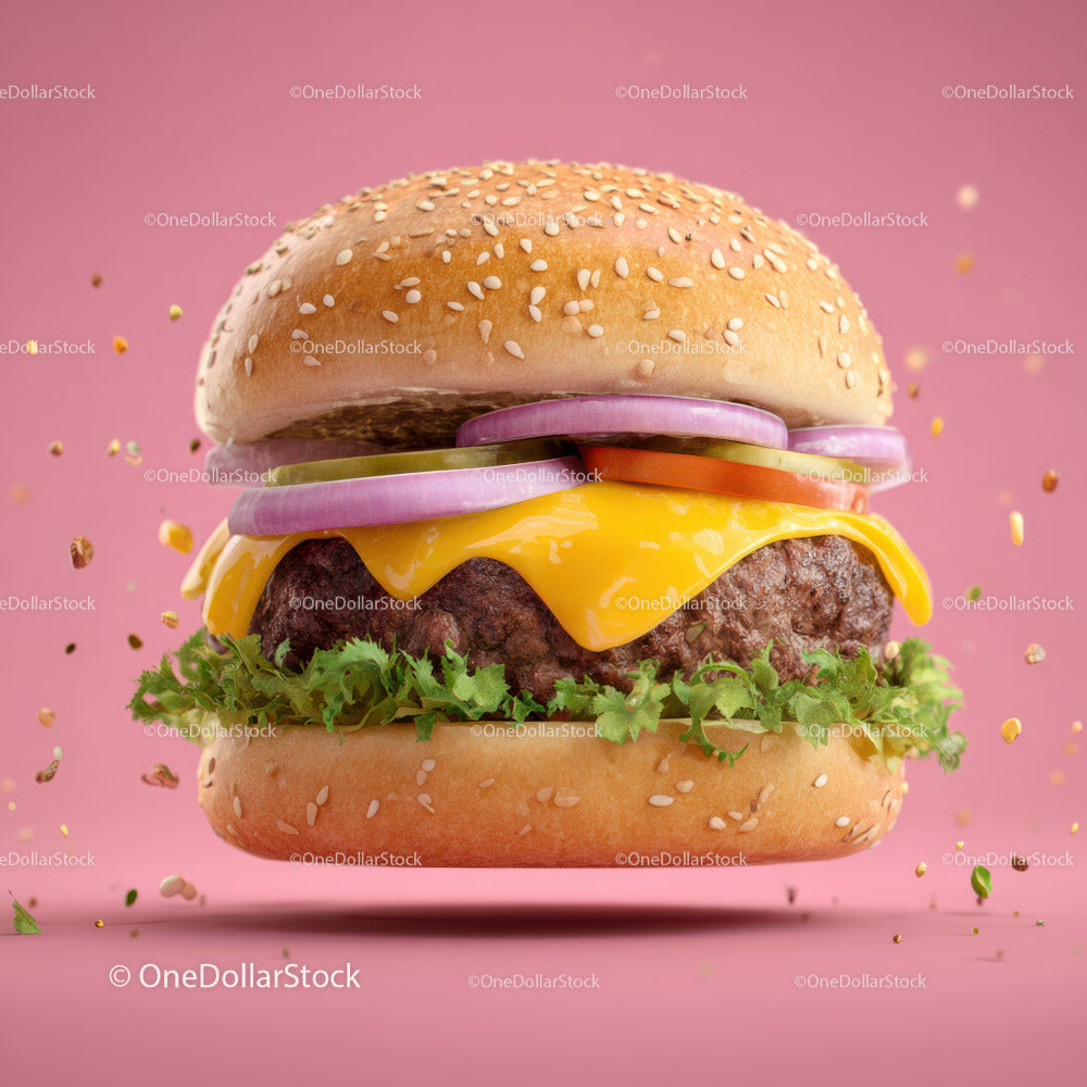 Soczysty cheeseburger z sałatą, pomidorem, cebulą i roztopionym serem