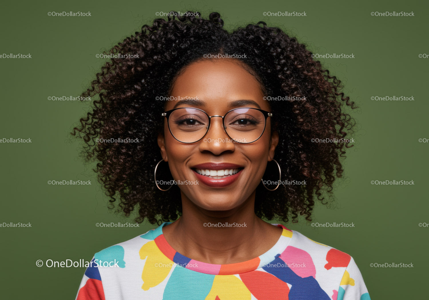 Confident Woman with Afro Hair Wearing Colorful Dress and Glasses