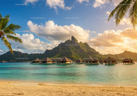 Overwater Bungalows With Mountain Background at Tropical Island