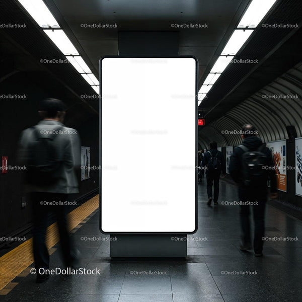 Blank advertising display in busy underground station JPG Mockup Image