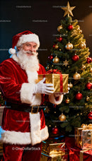Smiling Santa Claus Holding Gift by Christmas Tree