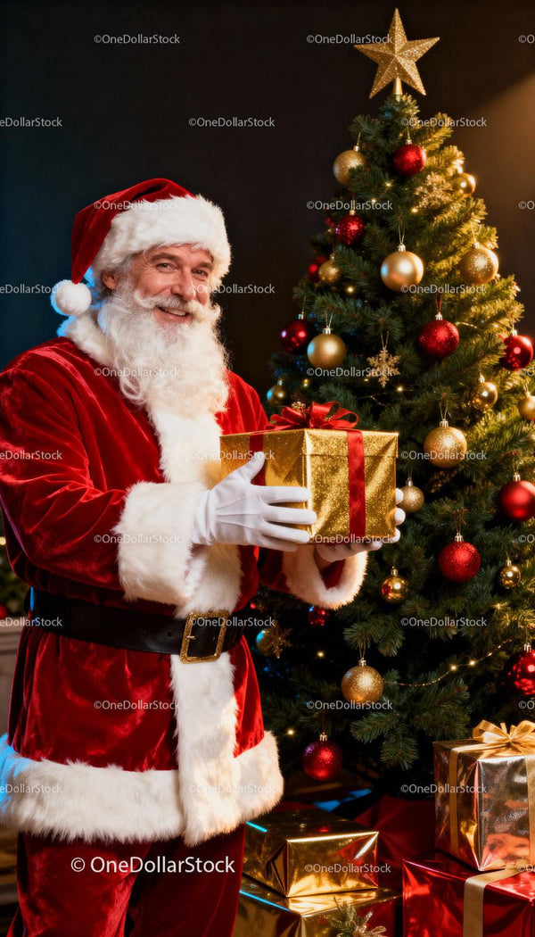 Smiling Santa Claus Holding Gift by Christmas Tree