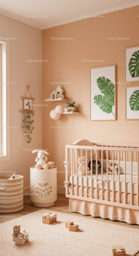 Cozy Nursery Room with Baby Crib and Green Leaf Wall Art