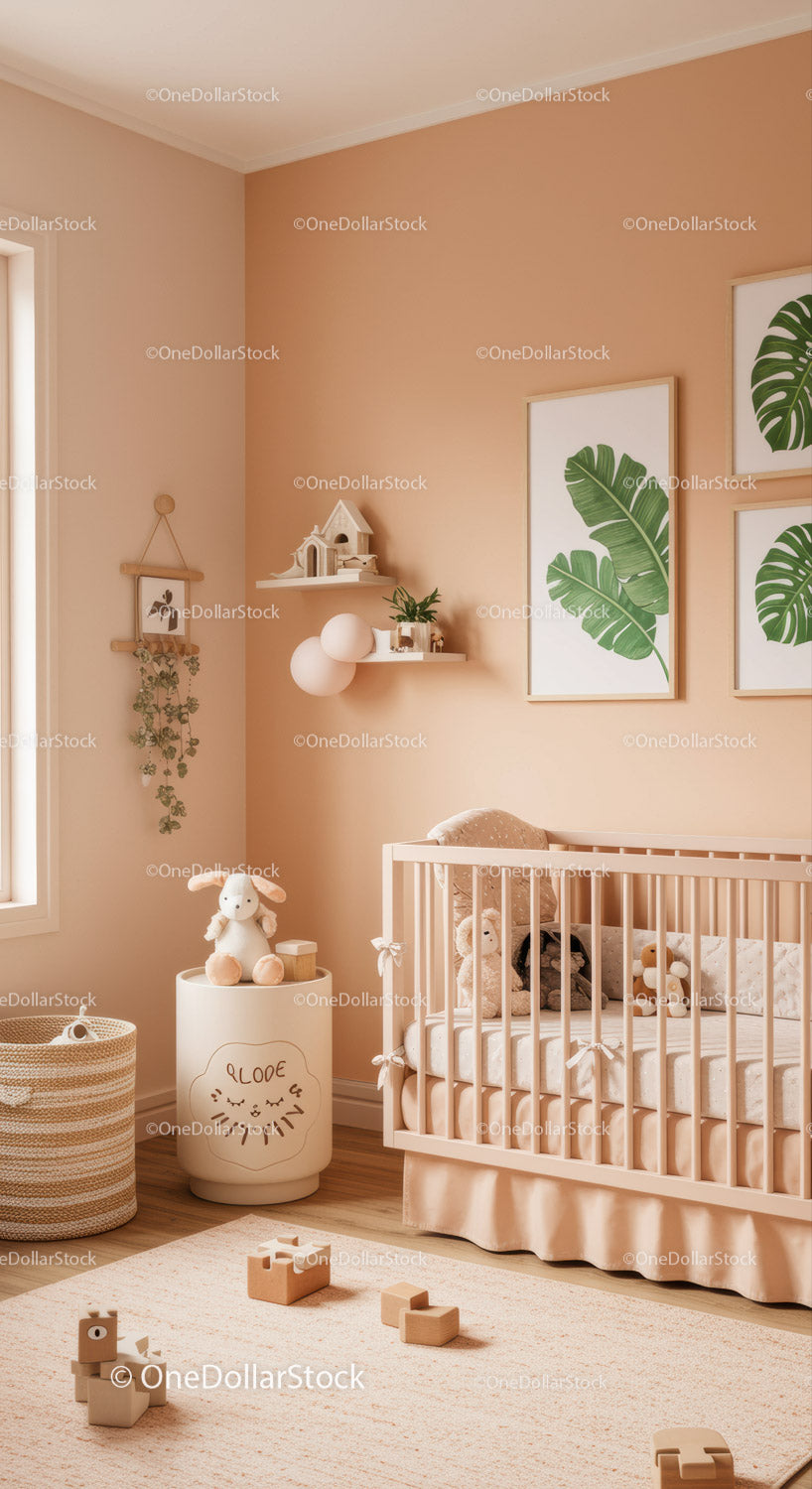 Cozy Nursery Room with Baby Crib and Green Leaf Wall Art