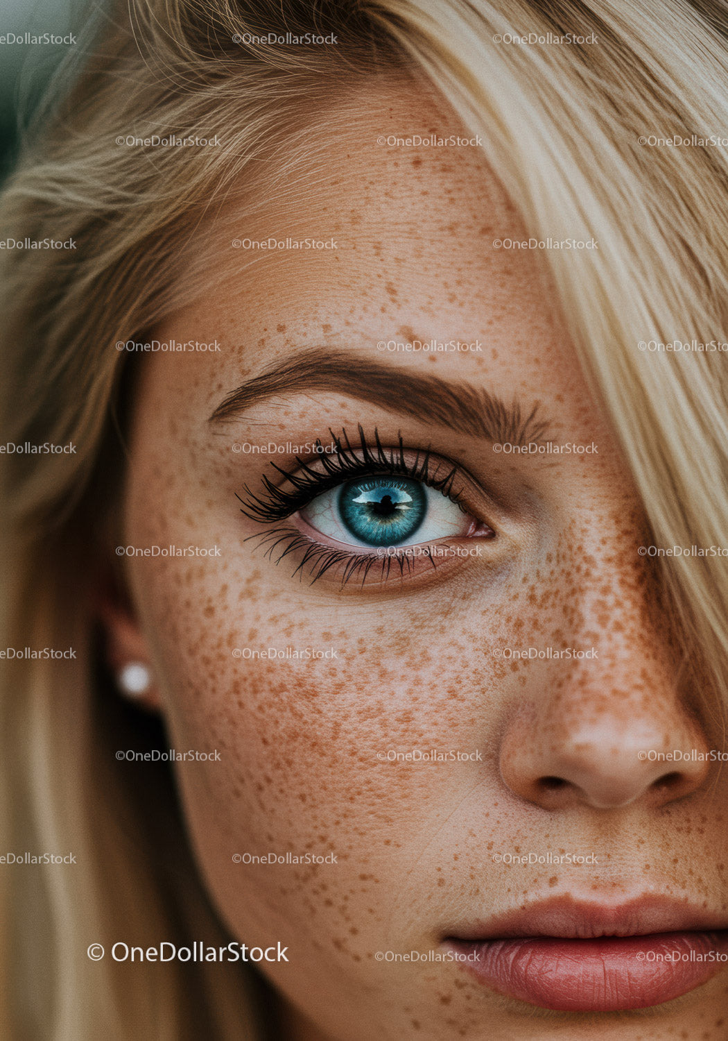 Close up of young woman with striking blue eye and freckles