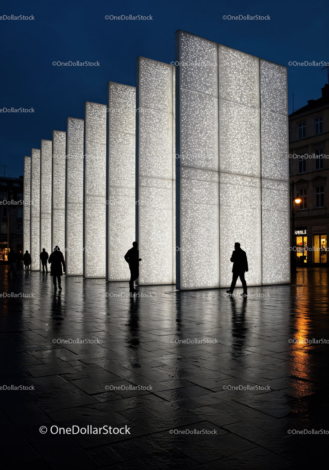 Contemporary Nighttime Light Art Installation in Urban Plaza