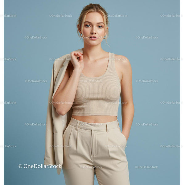 Elegant Woman in Beige Crop Top and Pants on Pastel Background