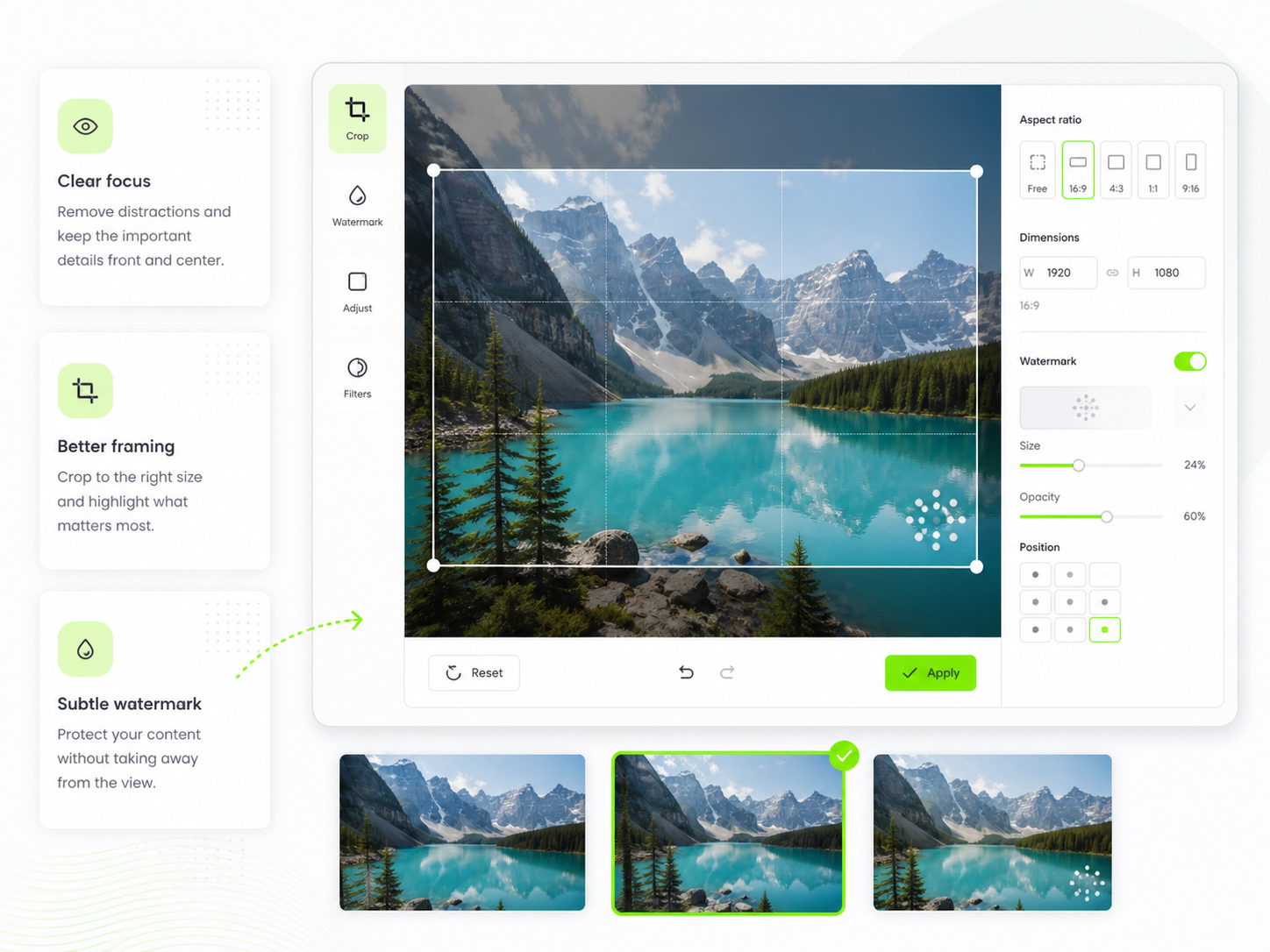 Readable crop and watermark interface preview