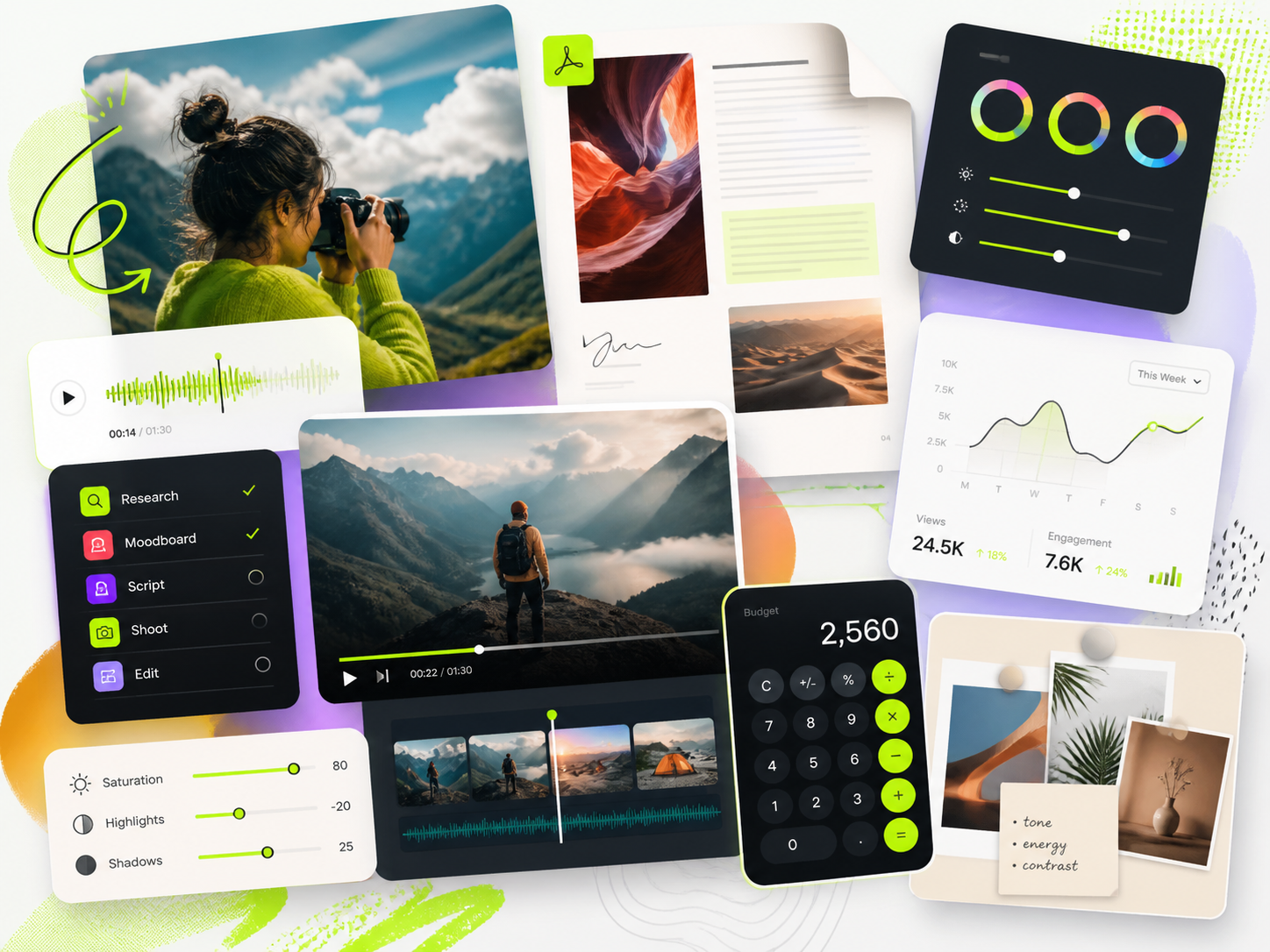 Dynamic creative workflow collage with media and analytics cards