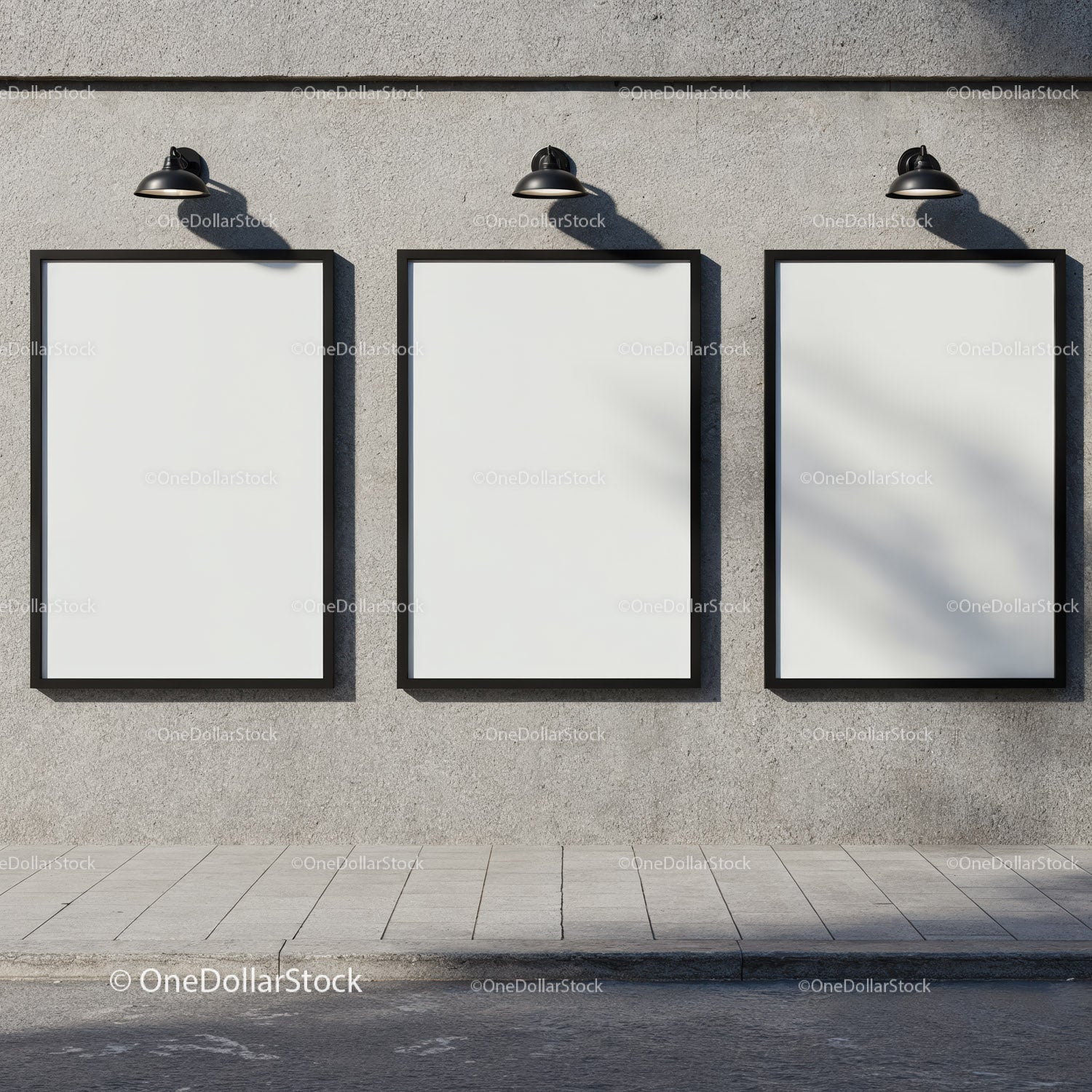 Three Blank Posters on Urban Concrete Wall with Lights