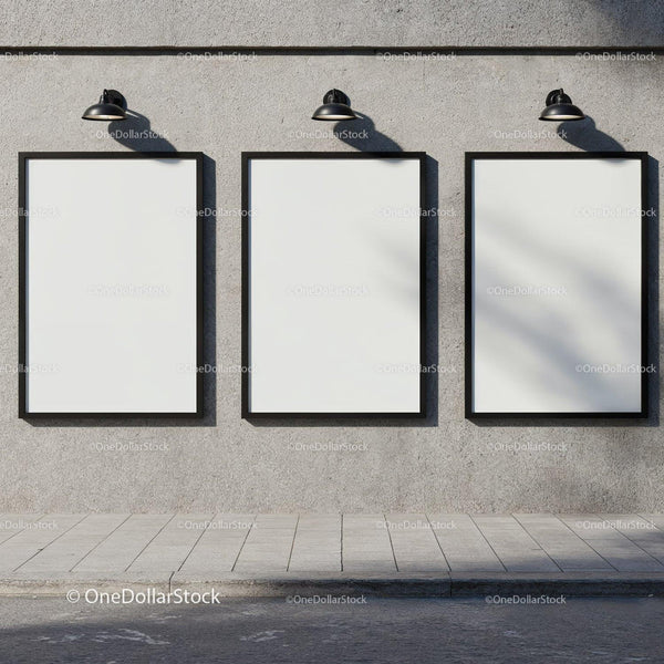 Three Blank Posters on Urban Concrete Wall with Lights JPG Mockup Image