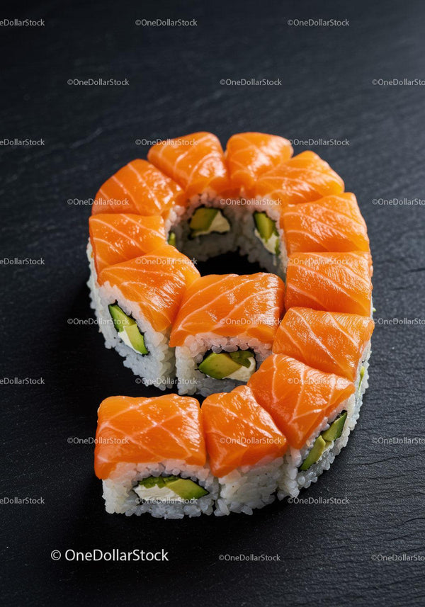 Fresh salmon sushi rolls arranged on black slate