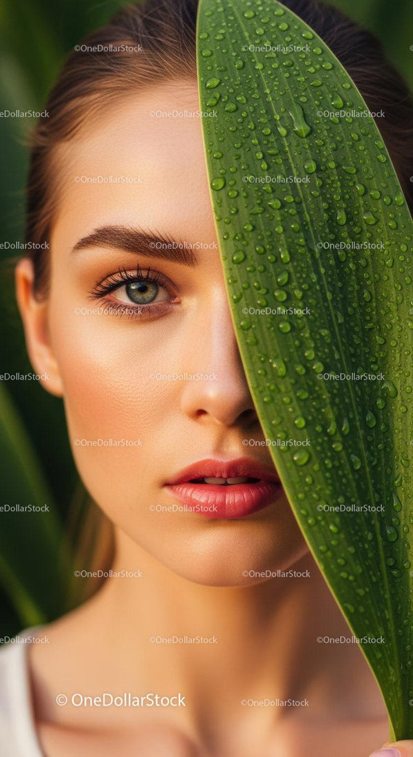 Close-Up of Young Woman with Bright Blue Eyes and Dewy Green Leaf