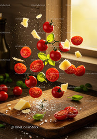 Fresh cherry tomatoes and cheese flying over wooden board