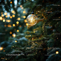 Glowing Christmas Ornament Hanging on Snowy Pine Branch