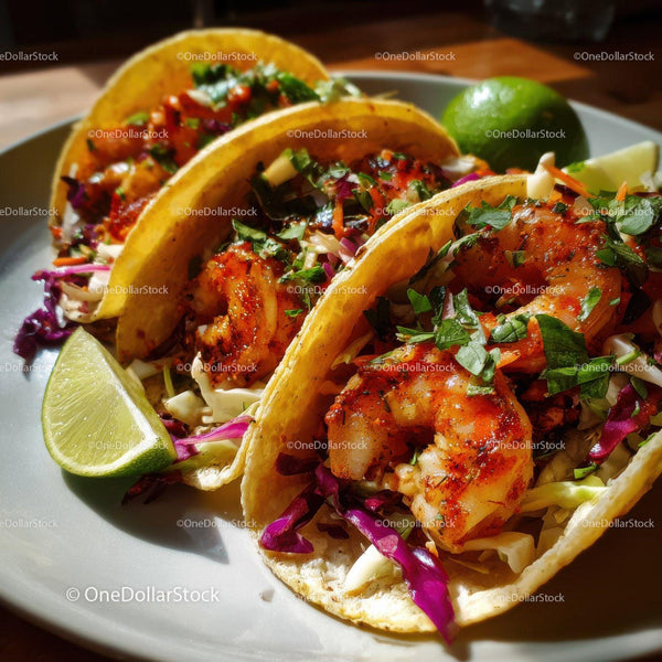 Seafood Shrimp Tacos with Fresh Vegetables and Lime