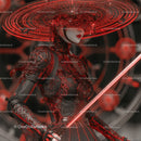 Futuristic Samurai in Neon Red Armor Holding Umbrella