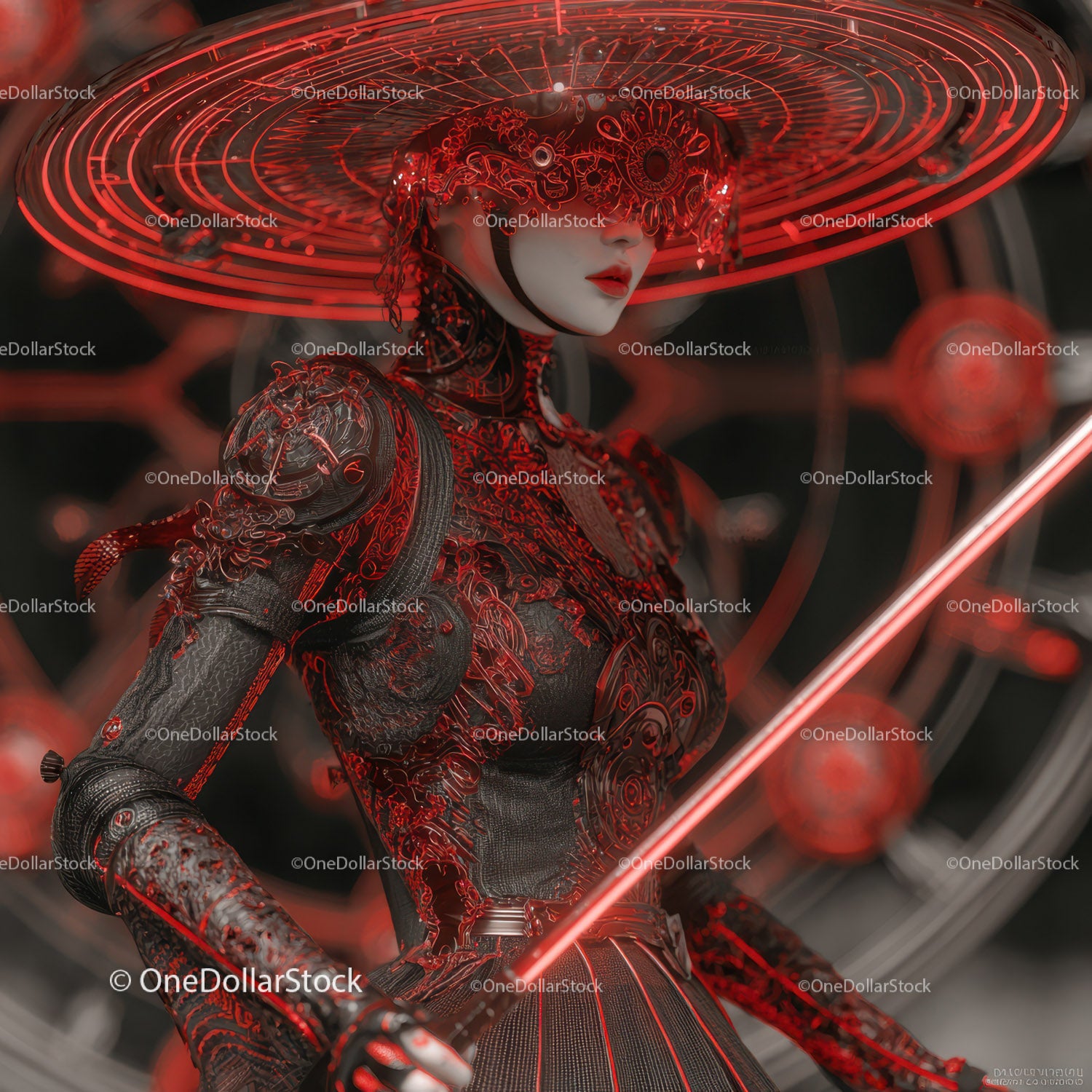 Futuristic Samurai in Neon Red Armor Holding Umbrella