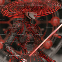 Futuristic Samurai in Neon Red Armor Holding Umbrella