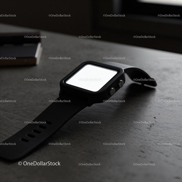 Modern black smartwatch resting on dark textured surface JPG Mockup Image