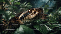 Brown and Black Snake Hidden Among Green Leaves in Natural Habitat