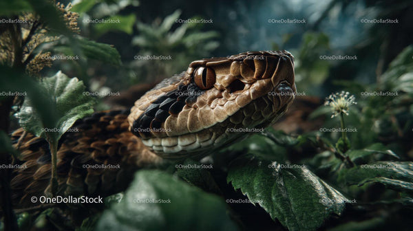 Brown and Black Snake Hidden Among Green Leaves in Natural Habitat