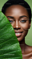 Close-up of an African woman with bright blue eyes and a large green leaf