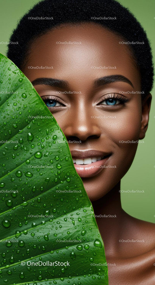 Close-up of an African woman with bright blue eyes and a large green leaf