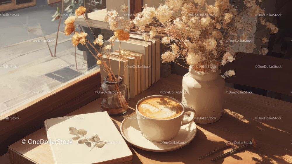 Warm Cozy Coffee Scene with Dried Flowers and Books