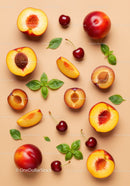Fresh nectarines cherries and basil leaves on beige surface