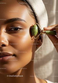 Young Woman Using Jade Roller for Facial Massage with Glowing Skin