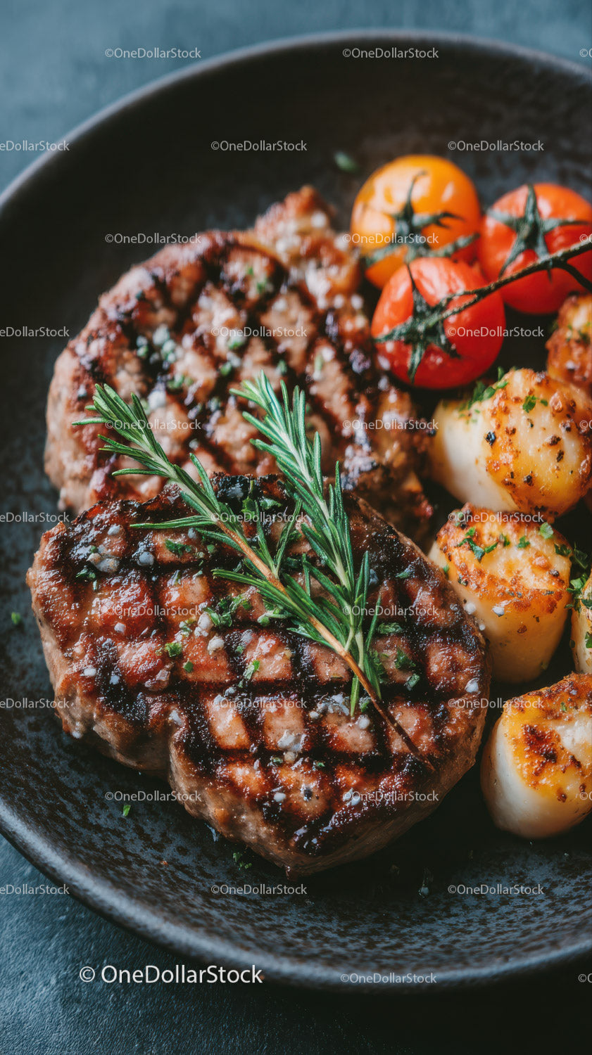 Soczysty grillowany stek z pomidorkami koktajlowymi i pieczonymi ziemniakami