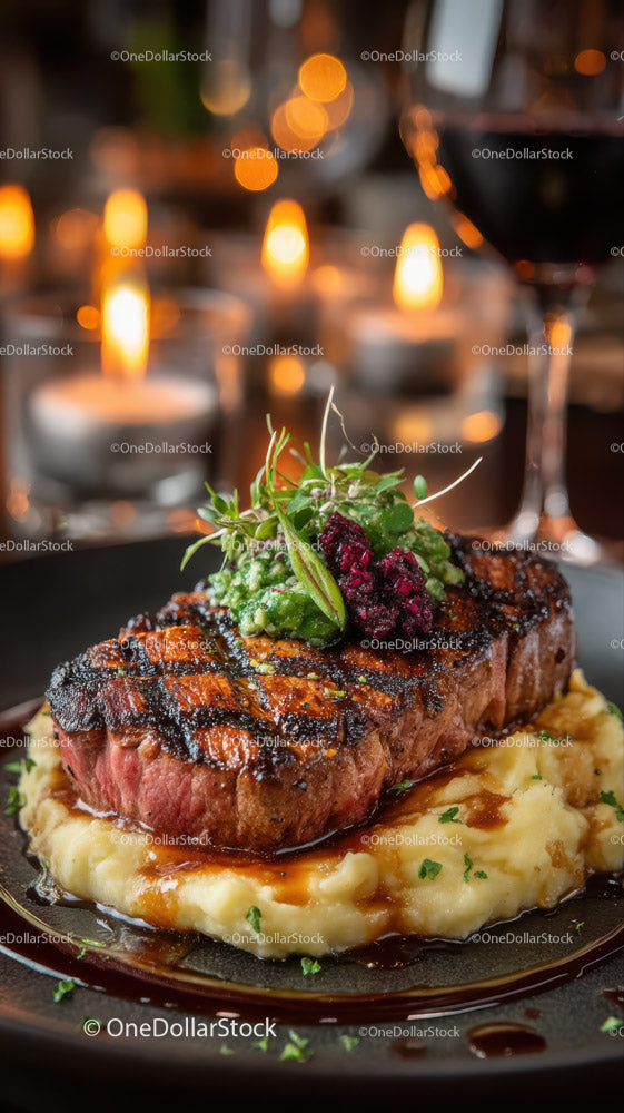 Juicy Steak with Mashed Potatoes and Gourmet Garnish in Elegant Setting