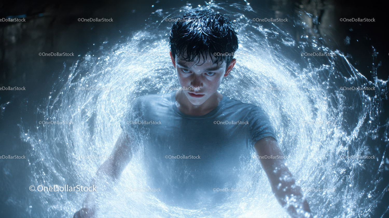 Young Man Swimming in Water with Swirling Motion and Intensity