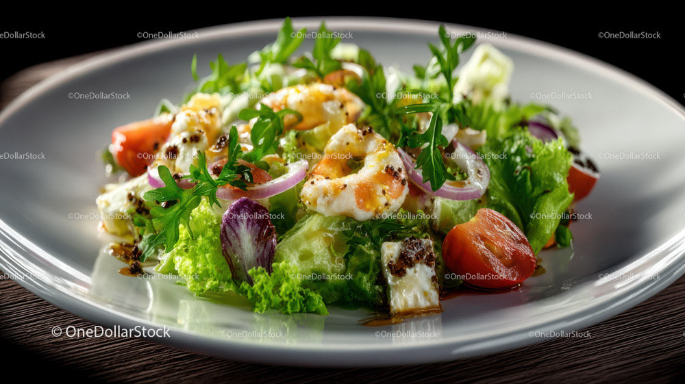 Fresh Salad with Cherry Tomatoes and Grilled Chicken on White Plate